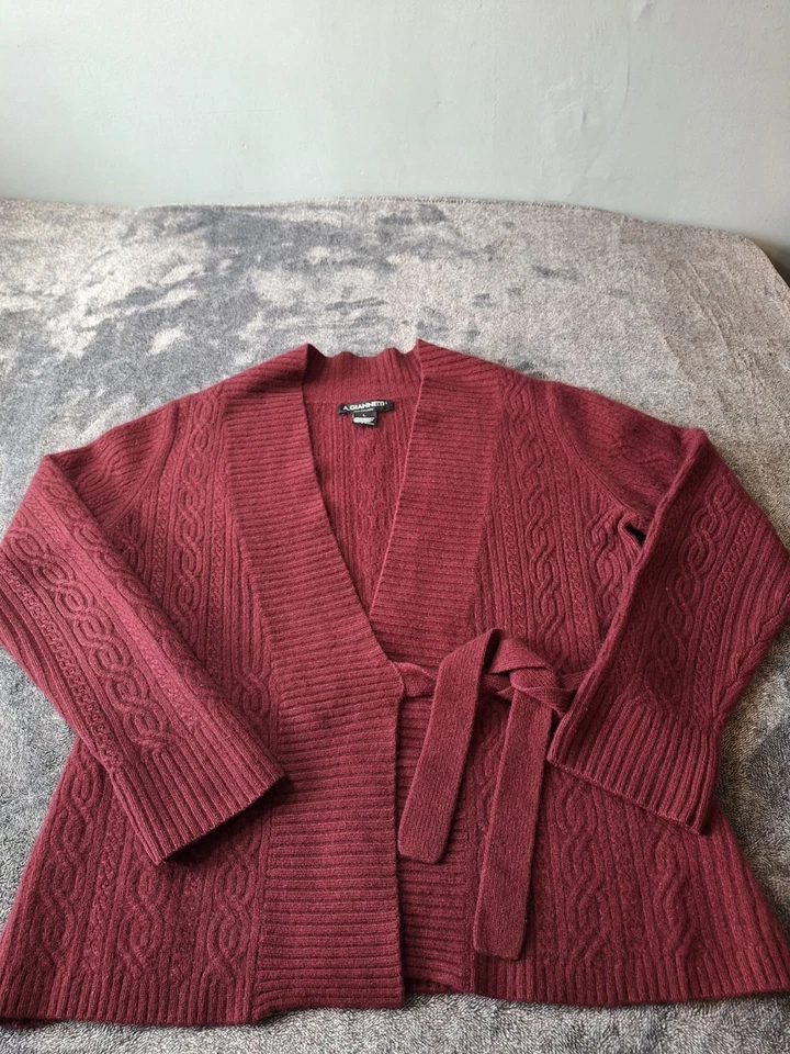 A. Giannetti Cable Knit 100% CASHMERE Tie Front Sweater Womens L Burgundy - Image 2 of 4