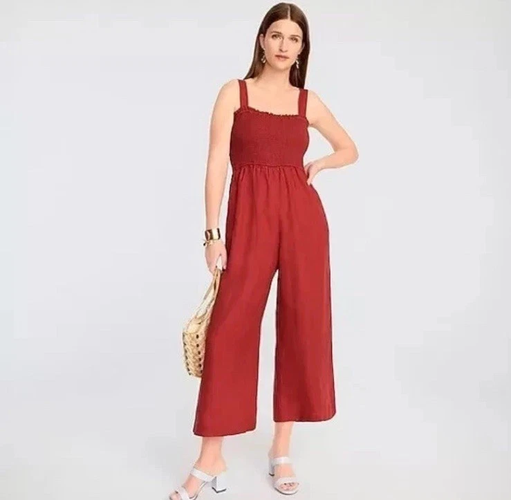 Mono J.Crew Lino Calado Talla Mediana Cuello Cuadrado Chimenea Ladrillo Rojo Recortado Foto 3 de 4