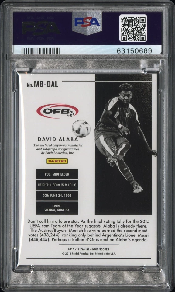 DAVID ALABA 2016-17 Panini Noir B&W Patch Autograph Prime 20/25 PSA 8 Auto 10 - Image 2 of 3
