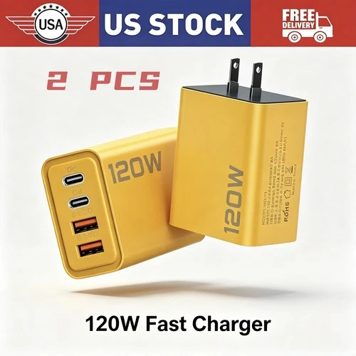 2PCS 120W 4-Port USB C Fast Wall Charger Block All Cell Phone 16 15 13 11 X iPad - product listing photo