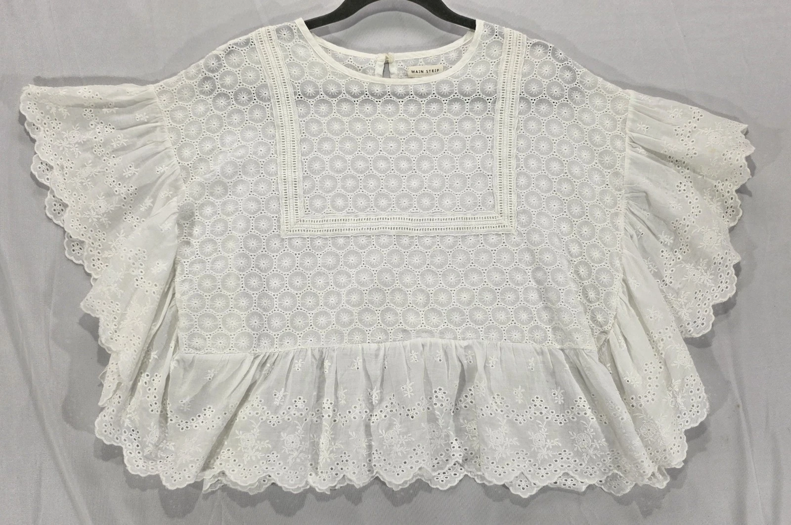 White Eyelet Poncho Top S Cotton Flutter Boho Cottage Romantic Fairy Festival
