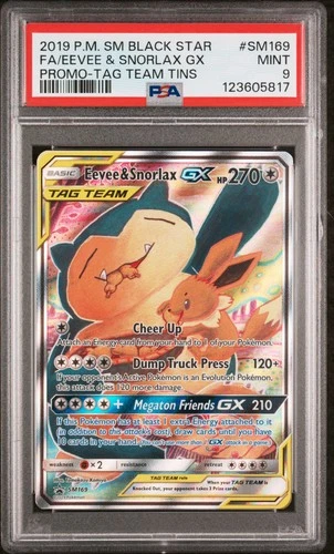 2019 POKEMON SM BLACK STAR PROMO TAG TEAM TINS FULL ART/EEVEE & SNORLAX GX PSA 9