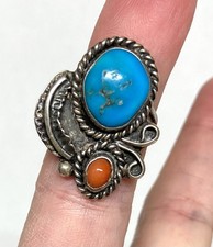 Native American Sterling Silver Coral and Turquoise Ring - Size 5 3/4