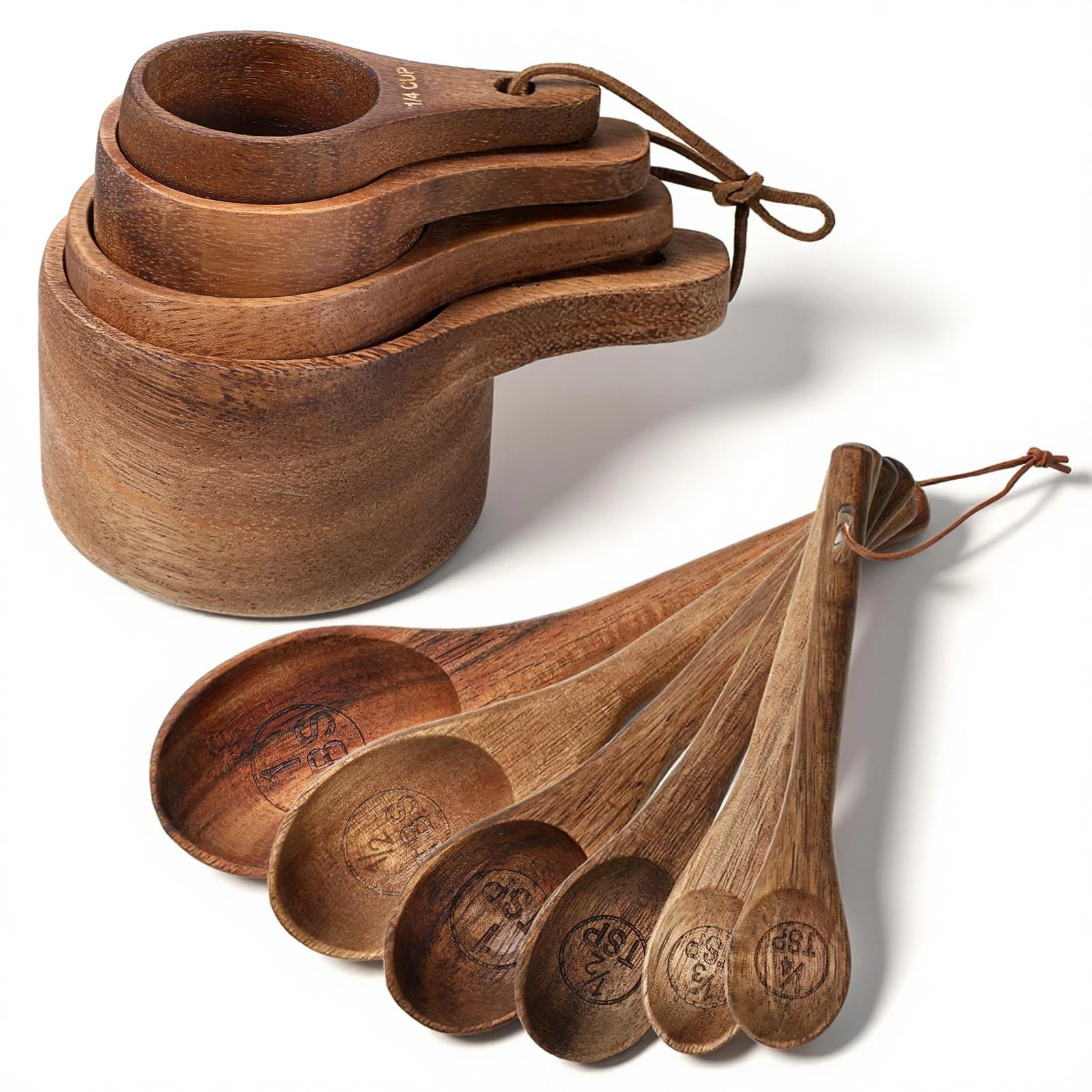 10-Piece Wooden Measuring Cups and Spoons Set, Handcrafted Acacia Wooden Meas...