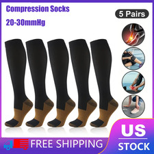 5 Pairs Copper Compression Socks 20-30mmHg Graduated Support Mens Womens S/M-XXL