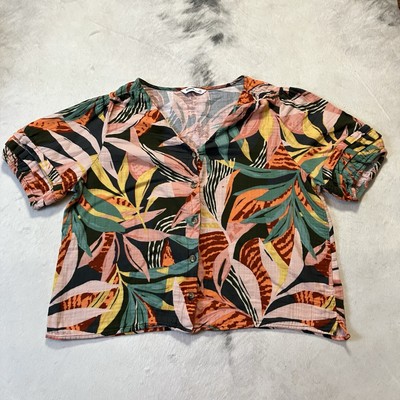 Sonoma Goods For Life Shirt Womens XXL Pleated Sleeve Blouse Tropical Button Up