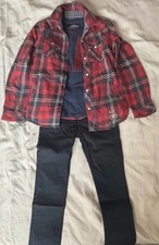 Completo Jeans T-shirt Manica Lunga E Camicia A Quadri Usato 6/7 Anni