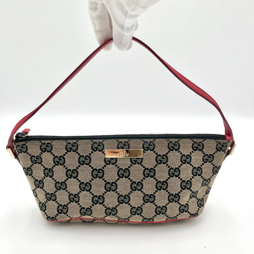 Gucci GG Canvas Accessory Pouch Handbag Shoulder Bag Red Black Leather USED