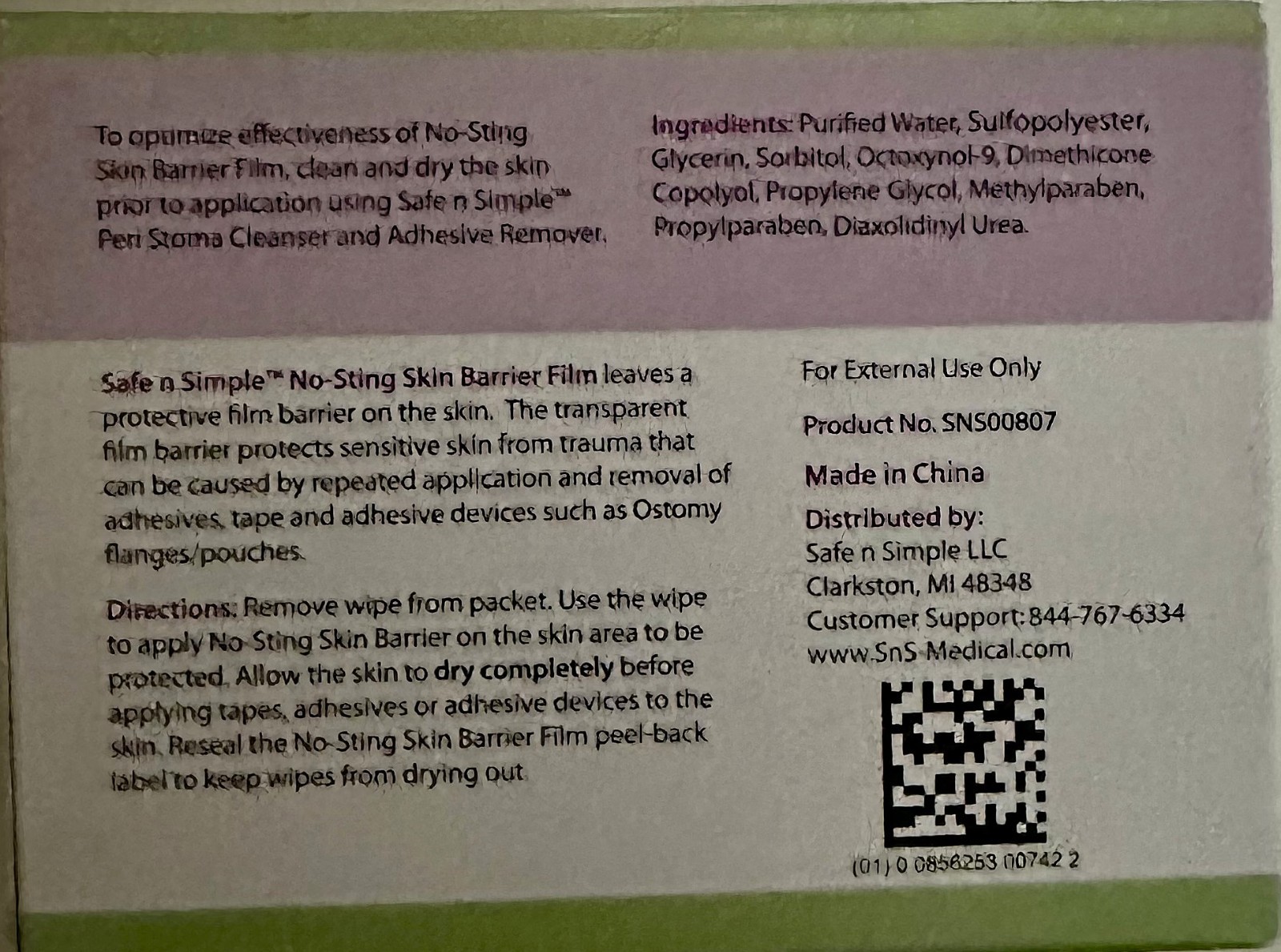 SAFE N SIMPLE No Sting Skin Barrier Film (SNS-00807)  (WIPES)