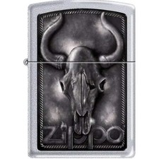 Zippo Bull Skull Windproof Lighter, Satin Chrome Finish, Made in USA, Gift Box