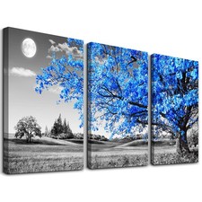 Black White Blue Tree Moon Canvas Wall Art - 3 Piece Set for Living Room Decor
