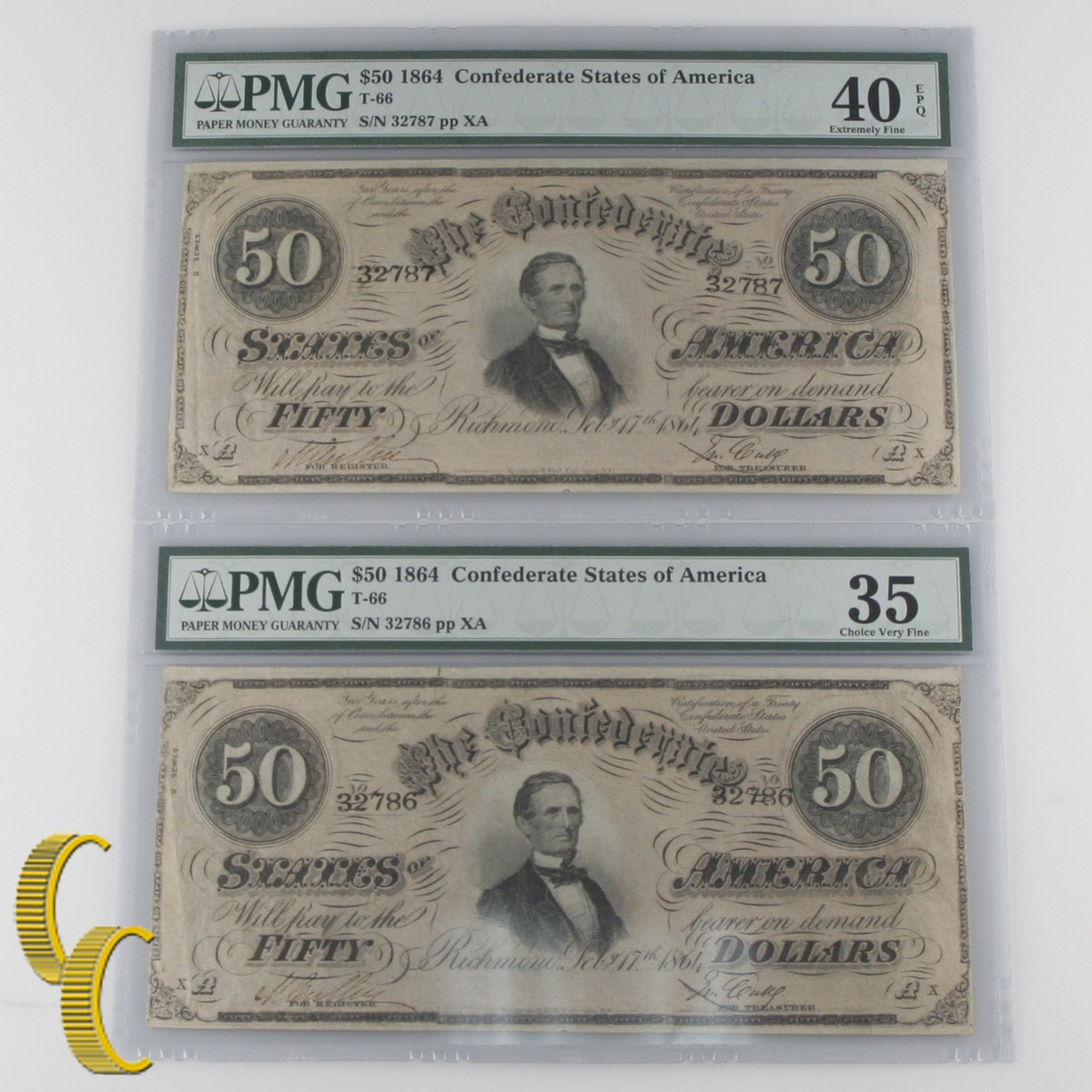 Lot of 2 Sequential 1864 Confederate $50 Graded by PMG as Ch VF-35