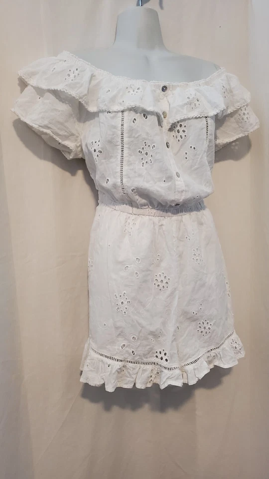 Mameluco Aqua para mujer con ojales fuera del hombro blanco con volantes talla M Foto 4 de 4