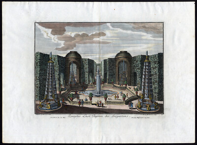 Antiker Druck-HECKENLABYRINTH-EDLEMEN-BRUNNEN-GARTEN-Remshart-Decker-1711