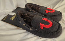 True Religion Men's Slippers M 9-10 Black w/Faux Fur Lining, Red Logo SHIPS FREE