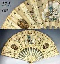 Antique French Hand Painted Silk  27.5 cm Bone Fan, Embroidery and Sequins