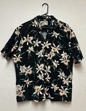 Paradise Found Hawaiian Mens Shirt Orchids Black Aloha 100% Cotton Pocket Sz L