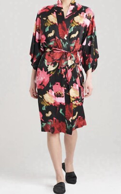 $175 Natori Elegant Designer Black/Pink Floral HAIKU Printed Robe Large