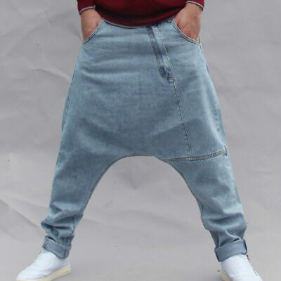 Men Drop Crotch Denim Trouser Harem Distressed Loose Tapered Jeans Pants Fashion