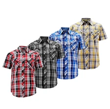 Men’s Collared Classic Button Down Plaid Striped Pockets Short Sleeve Shirt