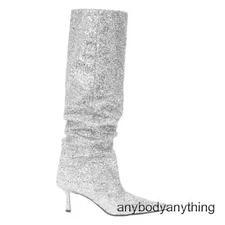 Womens Point Toe Stiletto Knee High Boot Pull on Mid Heel Fold Over Denim Boot