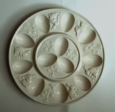 Portugal Bordallo Pinheiro White Cream Rabbit Deviled Egg Plate Platter Majolica