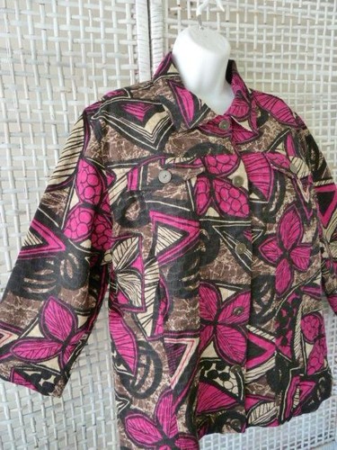 CHICOS Artsy Textured Cotton Geo-Floral Hot Pink Black Brown Jacket~3~L/XL~47.5B - Picture 5 of 12