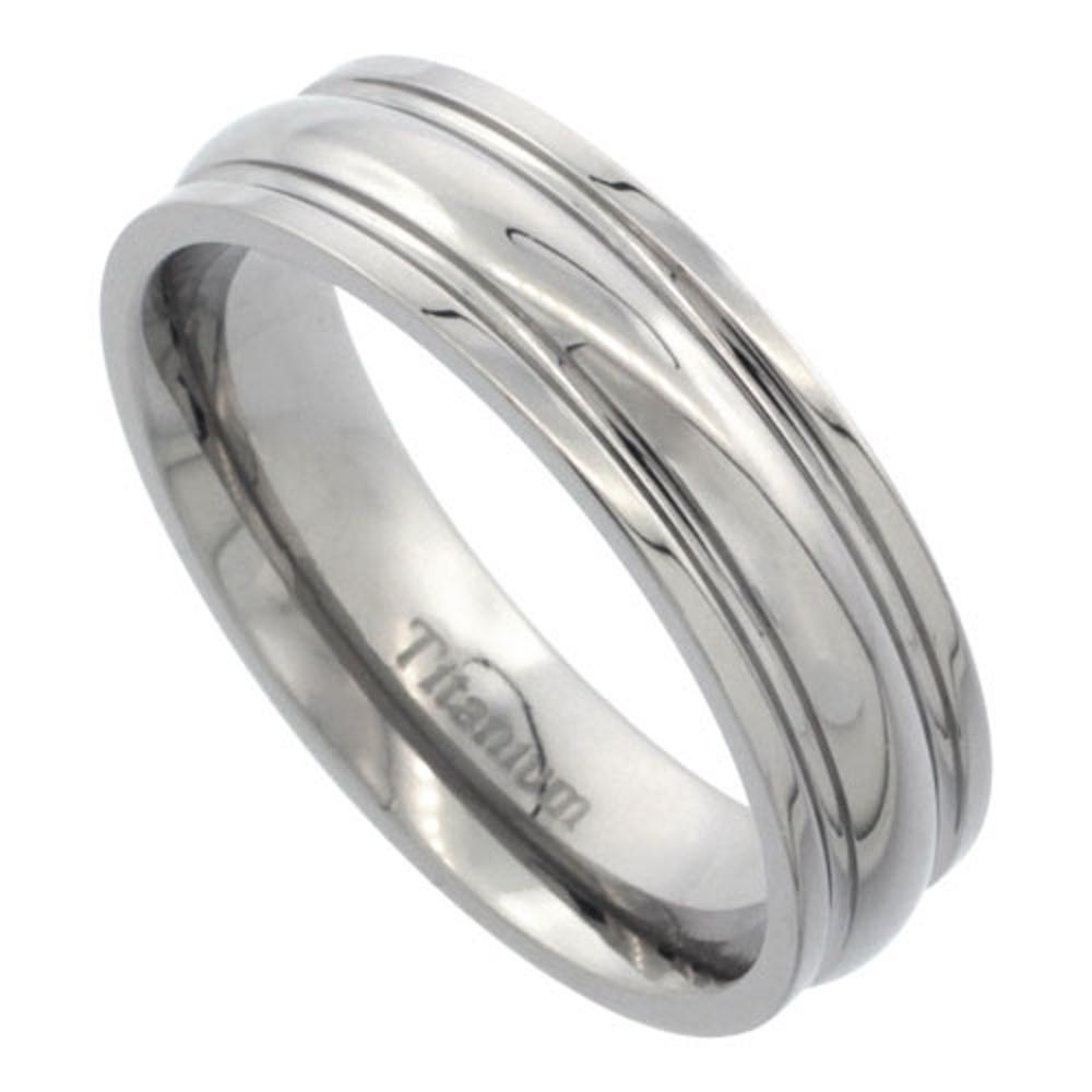 6mm Titanium Wedding Band Ring Convex Center Grooved Edges Comfort Fit-image