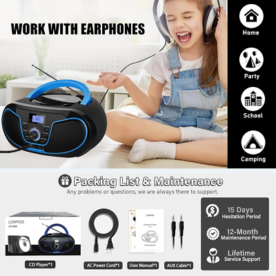 LONPOO Boomboxen CD-speler met radio, cd-speler, compatibel met CD-R/RW/WMA en MP3, cd-radio met Bluetooth 5.3, USB, AC/batterijvoeding