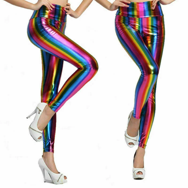 KIDS RAINBOW FAUX LEATHER SHINY METALLIC STRETCH LEGGINGS PANTS CUSTUMES 7 13