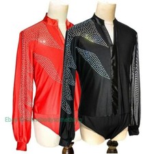 Mens Puff Long Sleeve Salsa Jazz Latin Dance Shirt Top Glitter Faux Rhinestone
