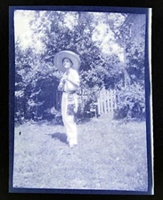 1910s Teen Mexican Hat Sombrero Backyard Vtg Photo Negative  3.25 X 4.25 D
