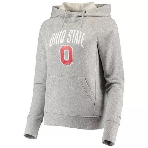 CHAMPION Women's Heathered Gray Ohio Buckeyes Logo Raglan Pullover Hoodie New - Picture 4 of 7