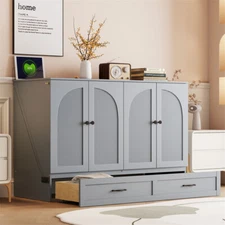 Full Size Murphy Bed w/Large Drawer & USB Ports,Wood and Rattan Cabinet Bed-Gray