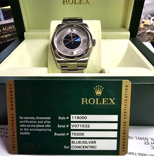 *RARE* Rolex Blue/Silver Concentric Style # 116000 Bracelet # 70200