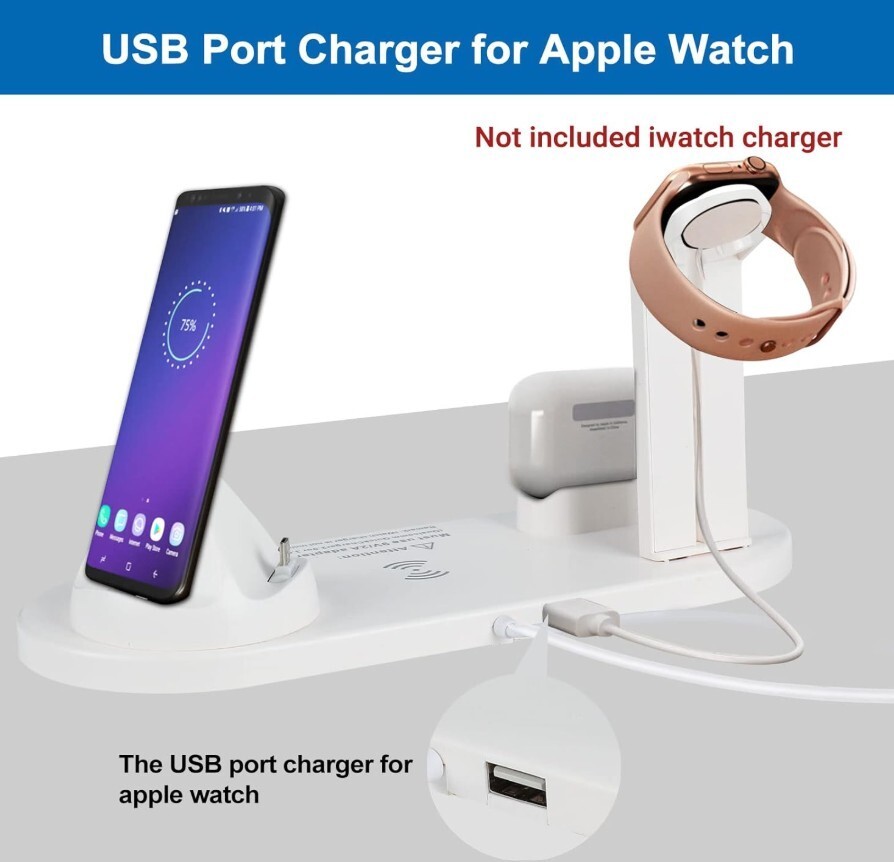 STAZIONE DI RICARICA 4 IN 1 WIRELESS QI SMARTPHONE AURICOLARI SMARTWATCH USB foto 4