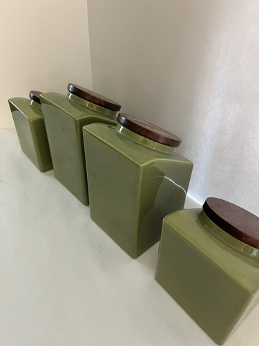 Bidone ceramica Hyalyn vintage con coperchio in legno verdure set di 4 verde avocado - Foto 9 di 9