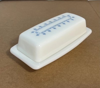 Vintage Pyrex Blue Snowflake Garland on White Milk Glass 2-Piece Butter Dish 72B