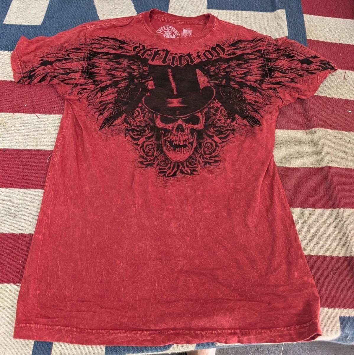 Affliction Men's Red Skull Crows Graphic Print Crew Neck T-Shirt L