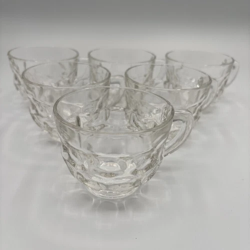 Set Of 6 Vintage Clear Glass Handle Thumbprint Punch Coffee Tea Cup Mugs