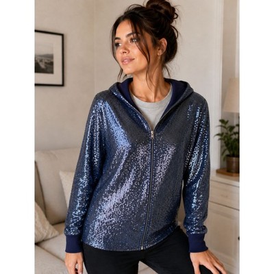 Anthropologie Postmark Blue Sequin Hoodie Zip Up Size XS Metallic