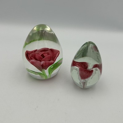 2X VINTAGE Glass Paper Weights Pink Florals Egg-shaped EUC! Stunning