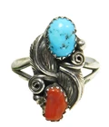 Vintage Sterling Silver Turquoise and Coral Double Leaf Scroll Ring - Size 7.75