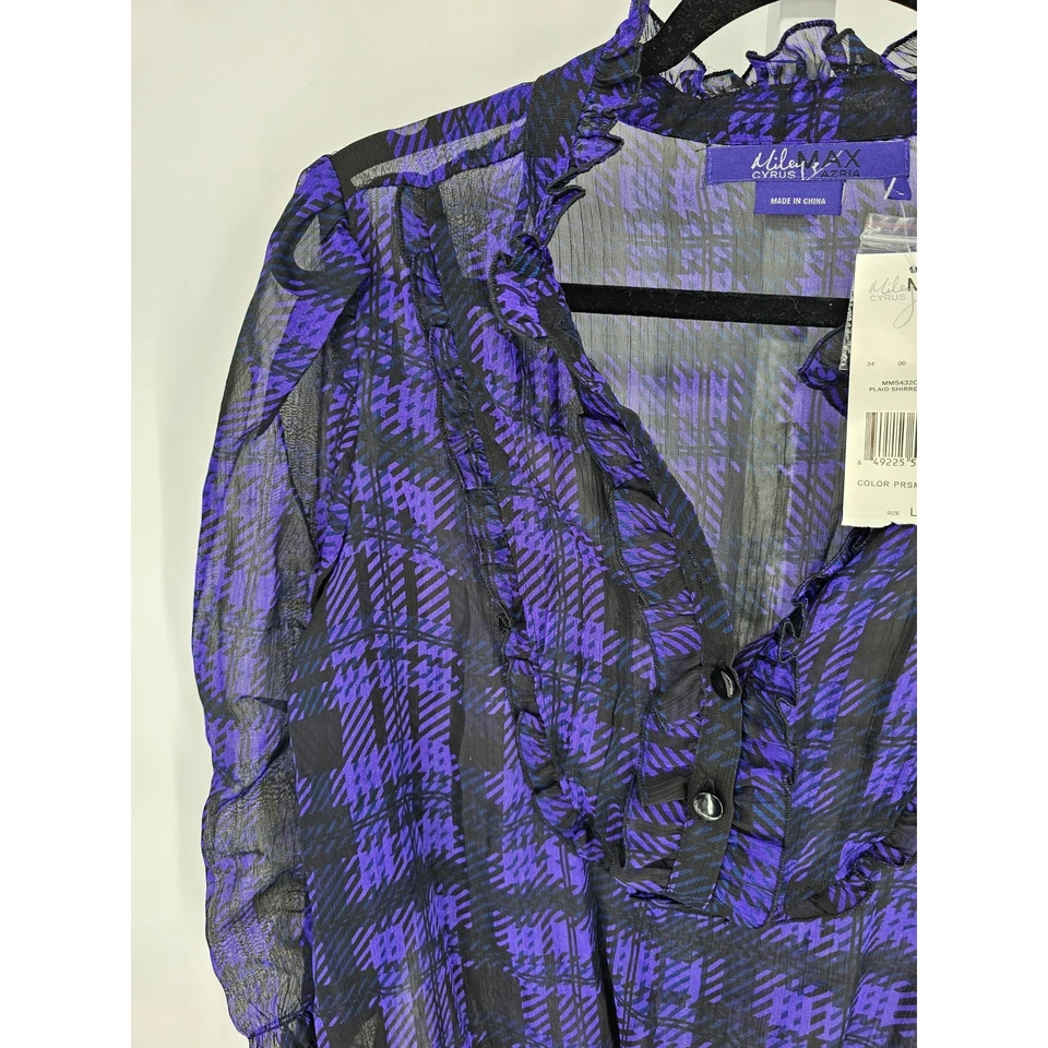Top informal a cuadros negro púrpura manga larga con cuello en V de Miley Cyrus para mujer talla L Foto 2 de 4