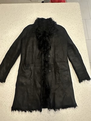 Men s Black Leather Overcoat Mid-Length Button Front Fur Lined Fur Trim