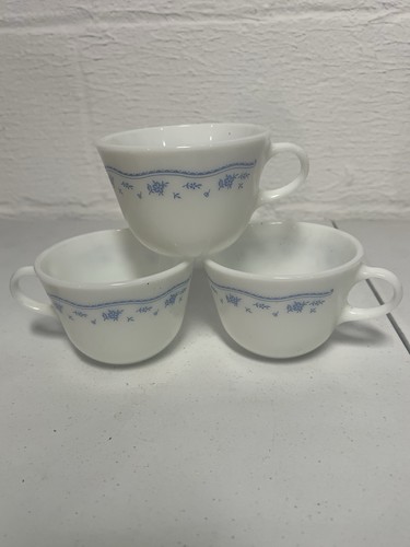 3- Vintage Pyrex Corning Coffee Cups Milk Glass Floral Morning Blue - Picture 5 of 5