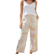 C&C California Pants Womens XL Pink Linen Elastic Waist Tropical Hawaiian Lounge