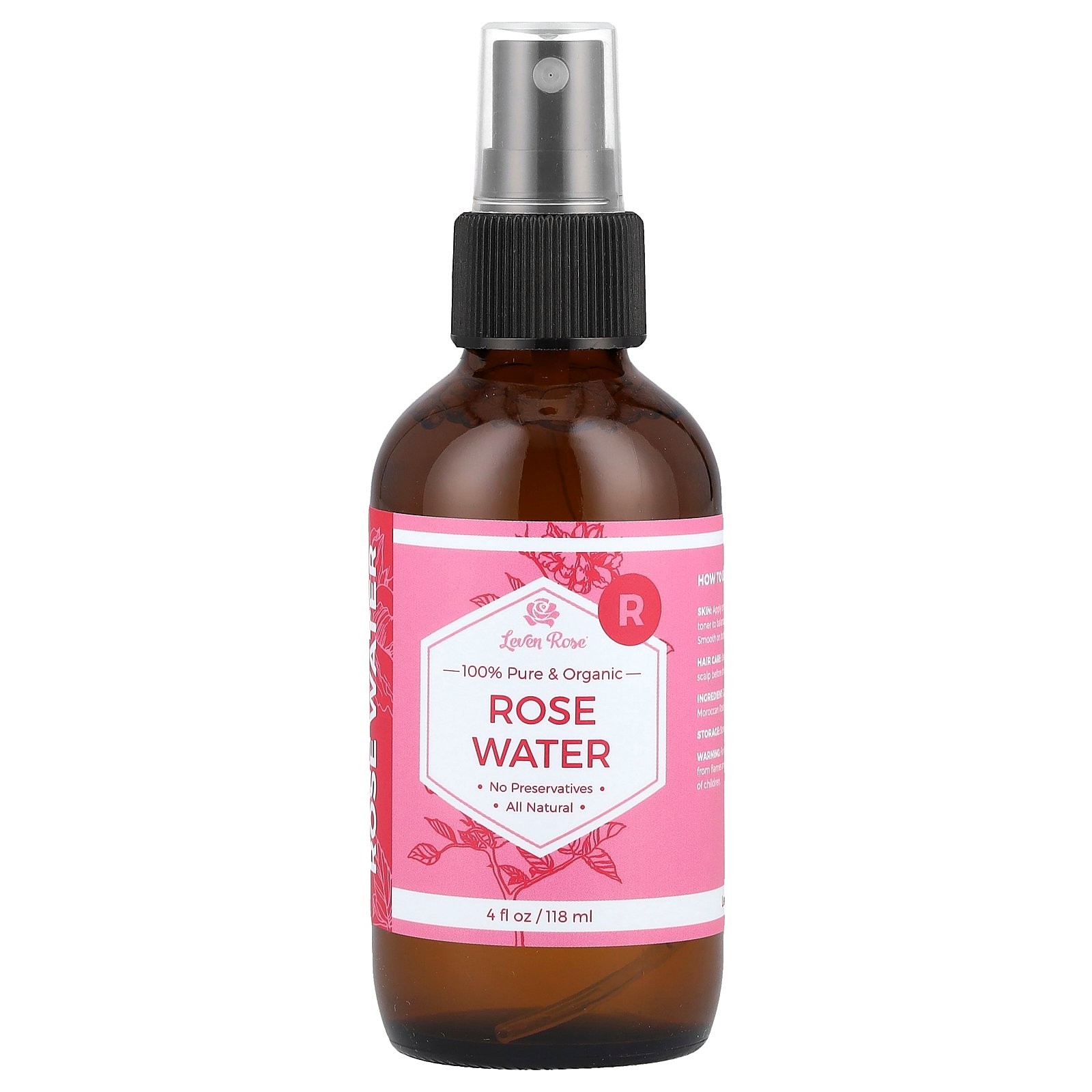 Leven Rose 100 Чистая органическая розовая вода 4 жидких унции 118 мл All-Natural