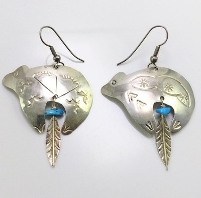 Native American Sterling Silver Etched Medicine Bear Feather Turquoise Earrings