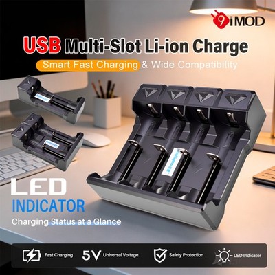 9IMOD Li-ion Battery Charger USB Smart 1/2/4 Slot for 21700 26650 14500 Battery